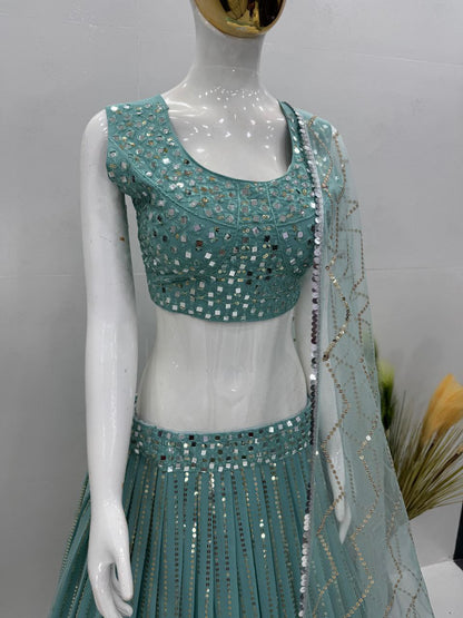 Bridal Faux Georgette Lehenga Choli – Embroidered Sequins & Real Mirror Work