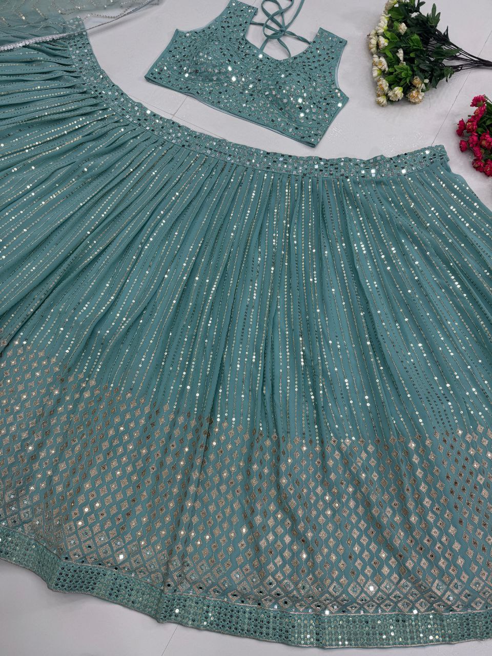 Bridal Faux Georgette Lehenga Choli – Embroidered Sequins & Real Mirror Work