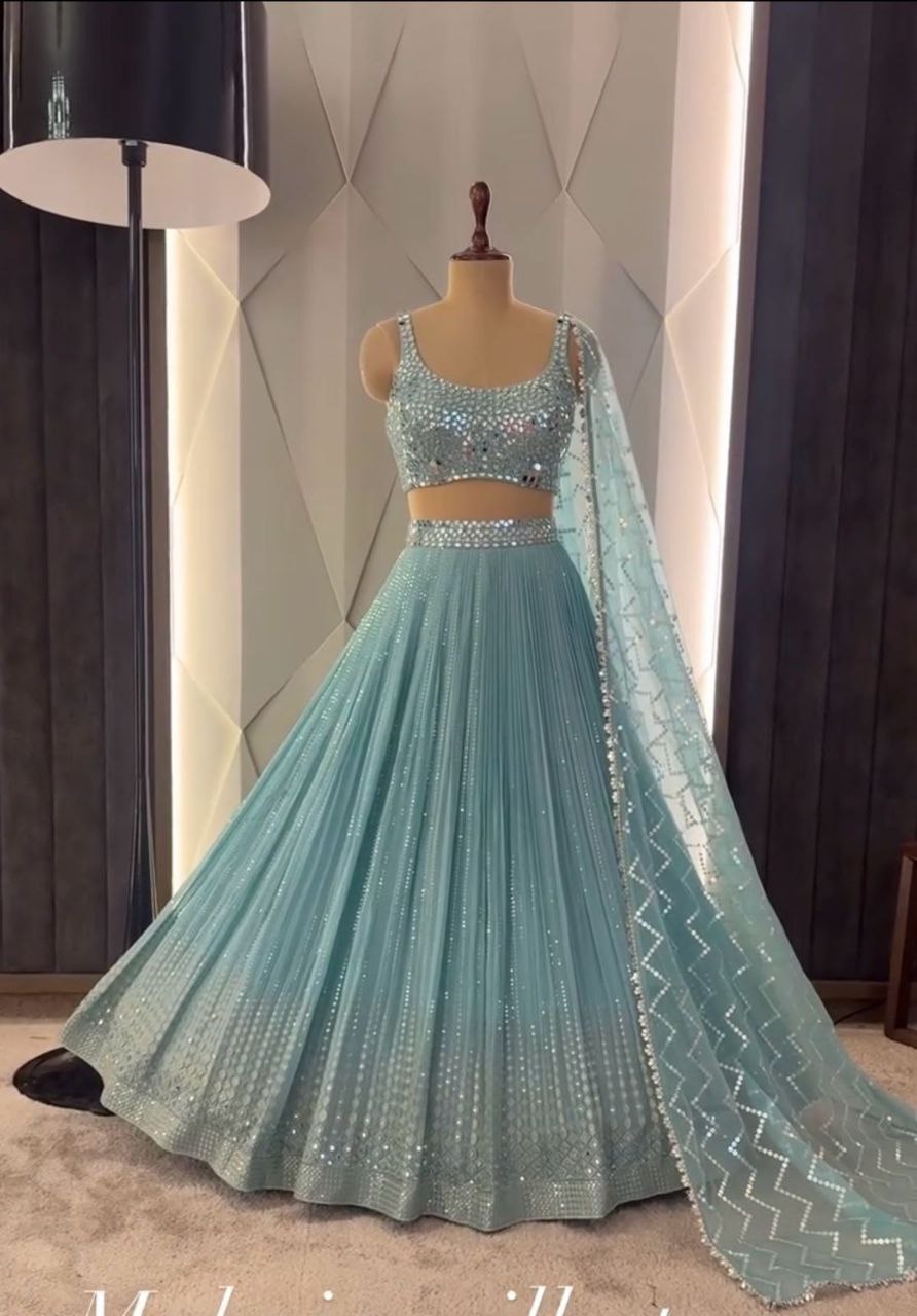 Bridal Faux Georgette Lehenga Choli – Embroidered Sequins & Real Mirror Work