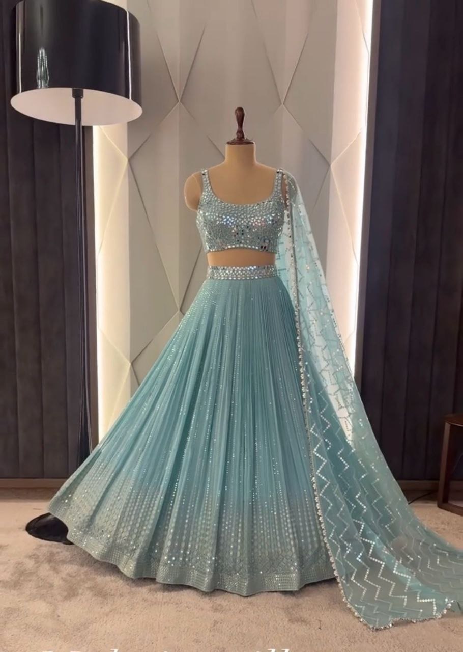 Bridal Faux Georgette Lehenga Choli – Embroidered Sequins & Real Mirror Work
