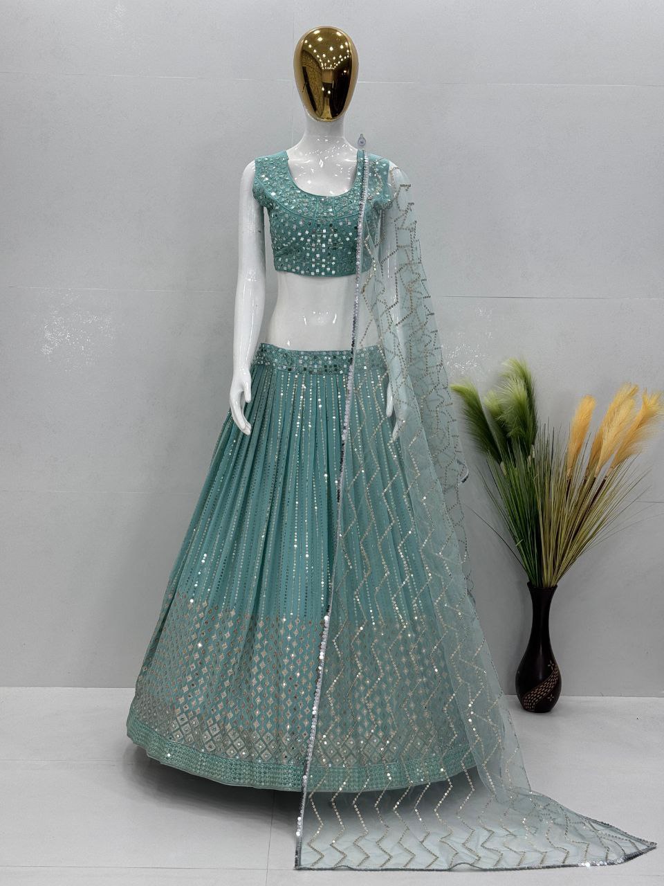Bridal Faux Georgette Lehenga Choli – Embroidered Sequins & Real Mirror Work