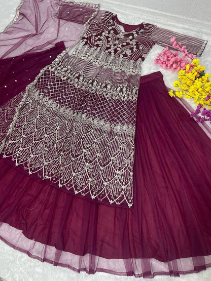 Bridal Heavy Embroidery Sequins Work Lehenga Set with Dupatta