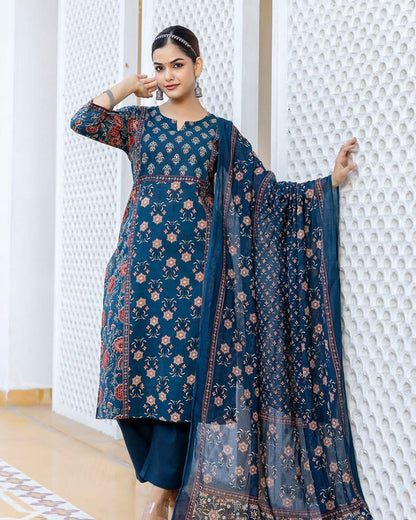 Chandni Cambric Cotton Kurti Pant Dupatta Set – A-Line Summer Wear with Sequence Hand Work