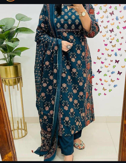 Chandni Cambric Cotton Kurti Pant Dupatta Set – A-Line Summer Wear with Sequence Hand Work