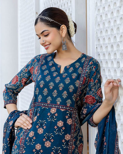 Chandni Cambric Cotton Kurti Pant Dupatta Set – A-Line Summer Wear with Sequence Hand Work