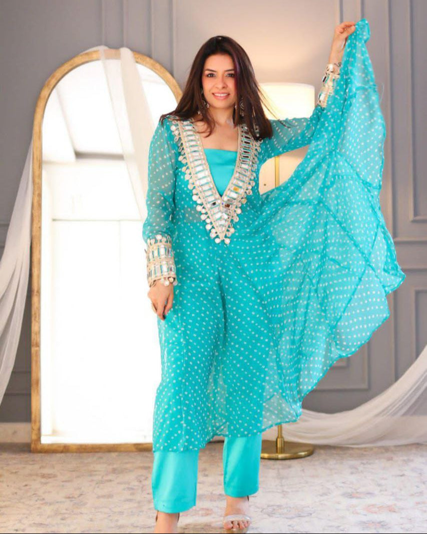 Chinon 3-Piece Kurta Set with Embroidered Tube Blouse & Pant | Digital Print & Real Mirror Work