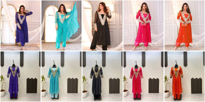 Chinon 3-Piece Kurta Set with Embroidered Tube Blouse & Pant | Digital Print & Real Mirror Work