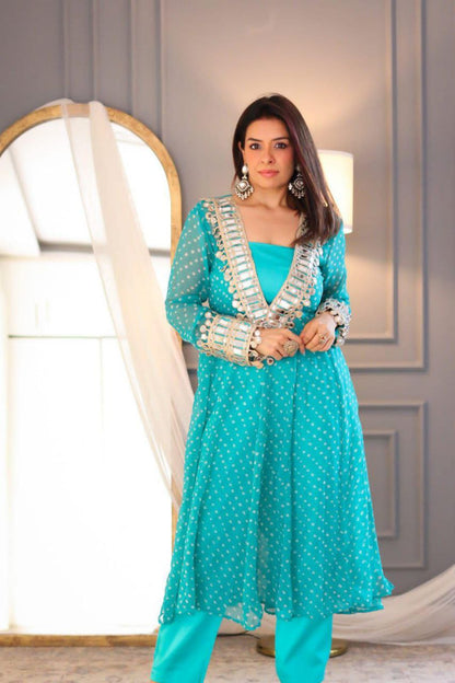 Chinon 3-Piece Kurta Set with Embroidered Tube Blouse & Pant | Digital Print & Real Mirror Work