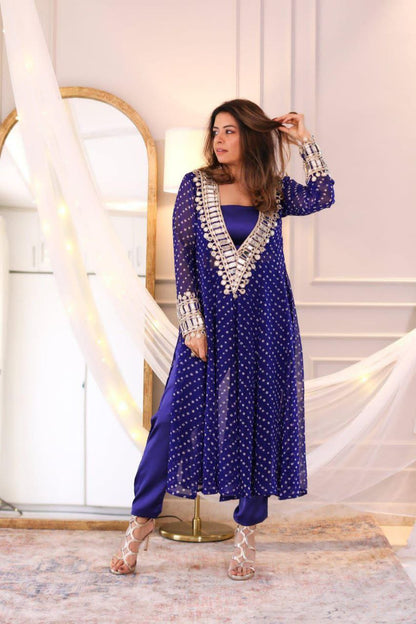 Chinon 3-Piece Kurta Set with Embroidered Tube Blouse & Pant | Digital Print & Real Mirror Work