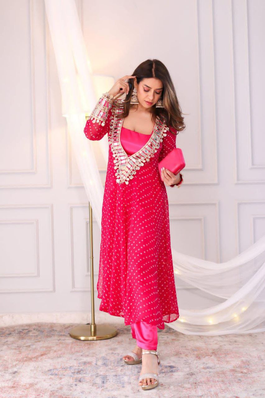 Chinon 3-Piece Kurta Set with Embroidered Tube Blouse & Pant | Digital Print & Real Mirror Work