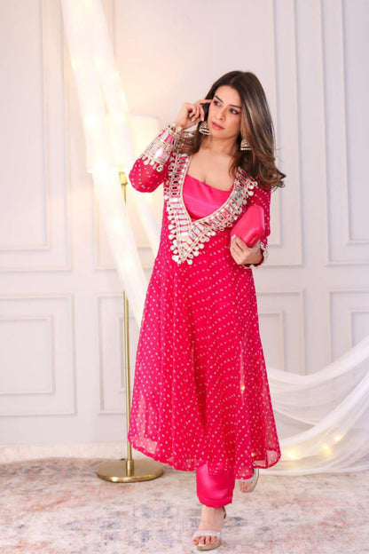 Chinon 3-Piece Kurta Set with Embroidered Tube Blouse & Pant | Digital Print & Real Mirror Work