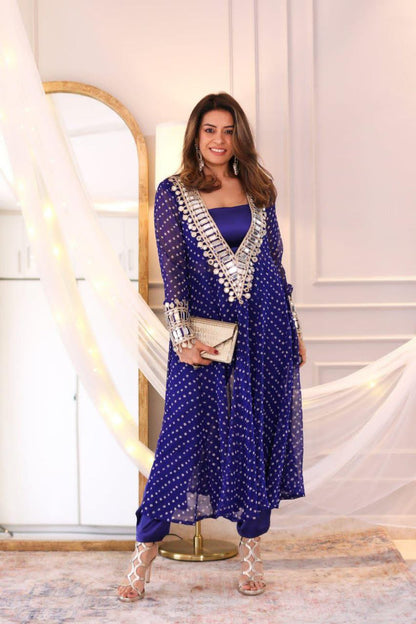 Chinon 3-Piece Kurta Set with Embroidered Tube Blouse & Pant | Digital Print & Real Mirror Work
