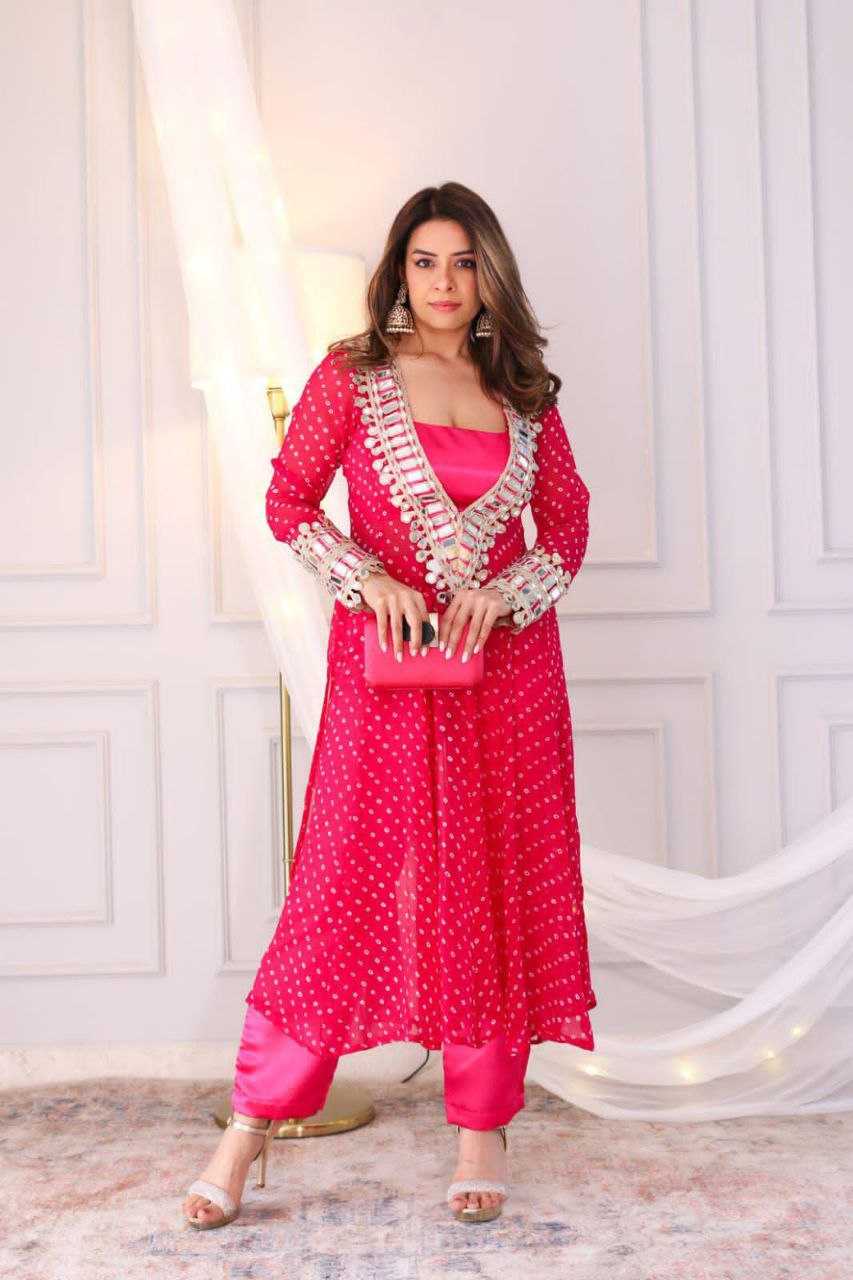 Chinon 3-Piece Kurta Set with Embroidered Tube Blouse & Pant | Digital Print & Real Mirror Work