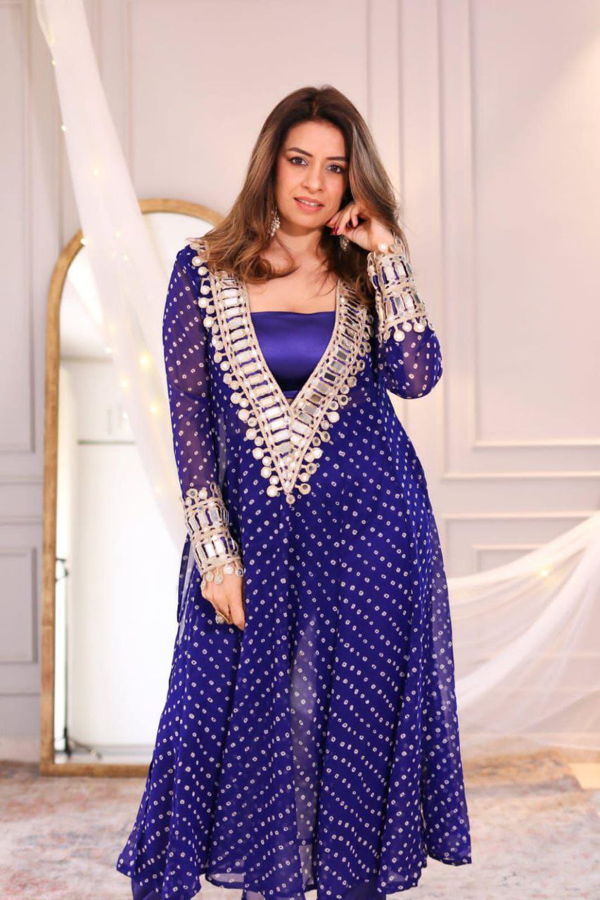 Chinon 3-Piece Kurta Set with Embroidered Tube Blouse & Pant | Digital Print & Real Mirror Work