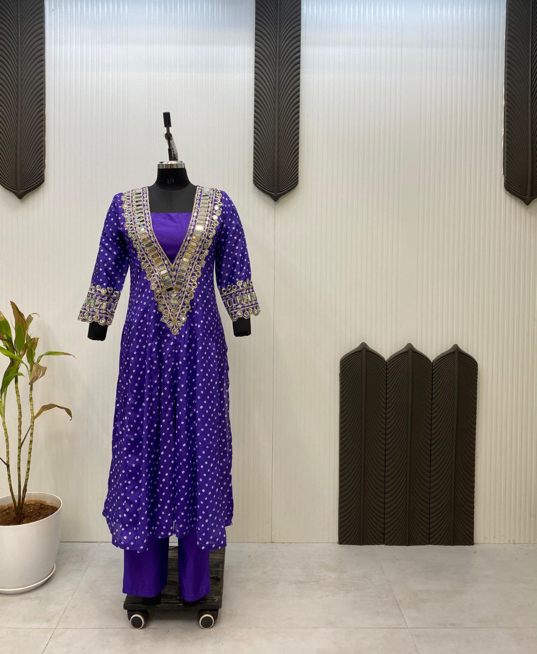 Chinon 3-Piece Kurta Set with Embroidered Tube Blouse & Pant | Digital Print & Real Mirror Work