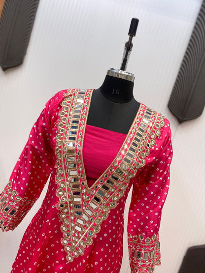 Chinon 3-Piece Kurta Set with Embroidered Tube Blouse & Pant | Digital Print & Real Mirror Work