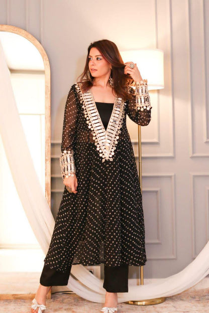 Chinon 3-Piece Kurta Set with Embroidered Tube Blouse & Pant | Digital Print & Real Mirror Work