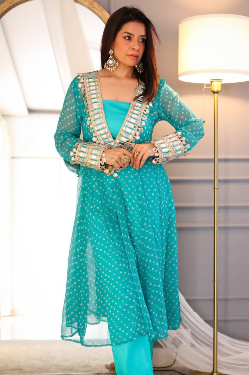 Chinon 3-Piece Kurta Set with Embroidered Tube Blouse & Pant | Digital Print & Real Mirror Work