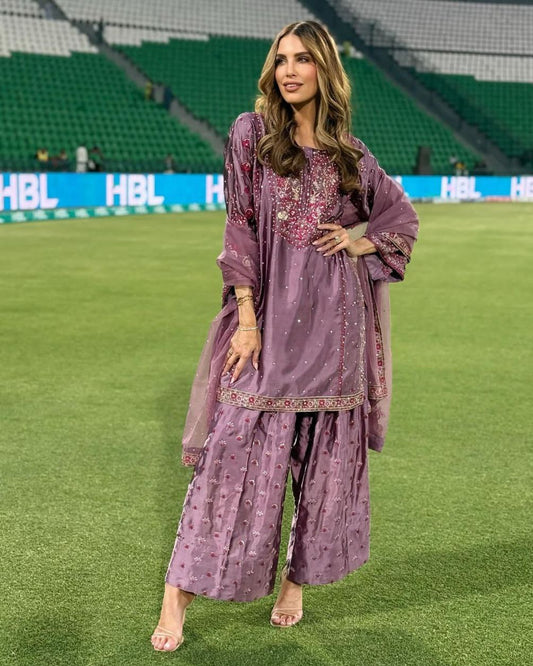 Chinon Silk Embroidered Sharara Set with Dupatta | Partywear 3-Piece Suit | Ready to Wear