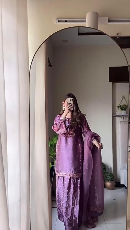 Chinon Silk Embroidered Sharara Set with Dupatta | Partywear 3-Piece Suit | Ready to Wear