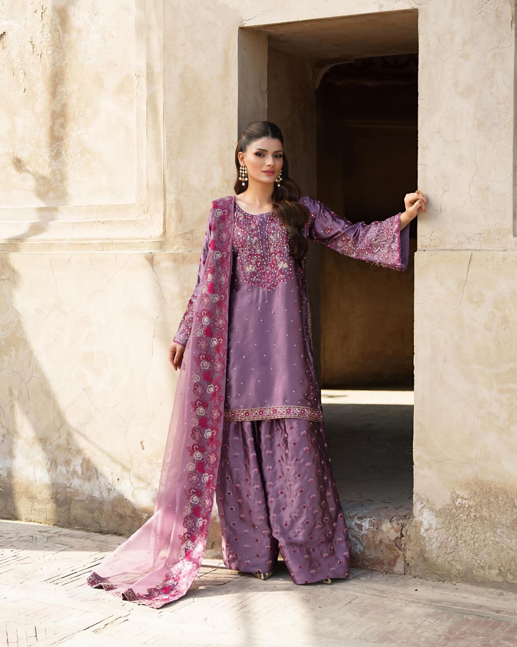 Chinon Silk Embroidered Sharara Set with Dupatta | Partywear 3-Piece Suit | Ready to Wear
