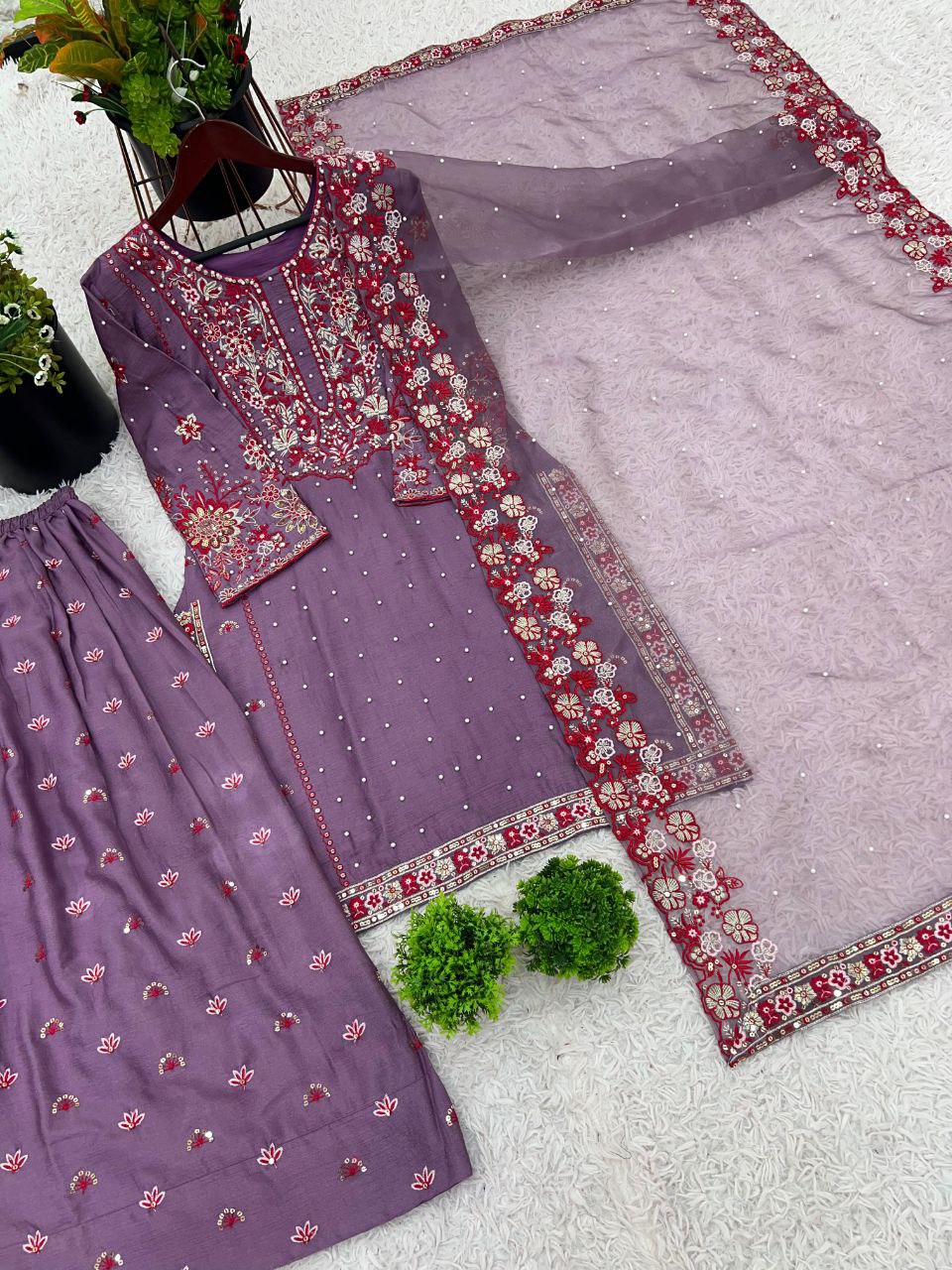 Chinon Silk Embroidered Sharara Set with Dupatta | Partywear 3-Piece Suit | Ready to Wear