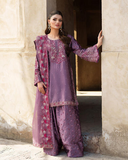 Chinon Silk Embroidered Sharara Set with Dupatta | Partywear 3-Piece Suit | Ready to Wear