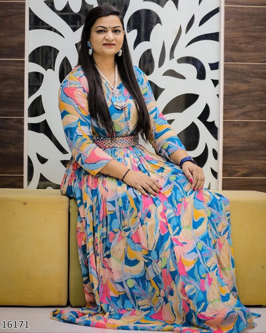 Designer Alpa Patel Party Wear Faux Georgette Printed Gown with Dupatta
