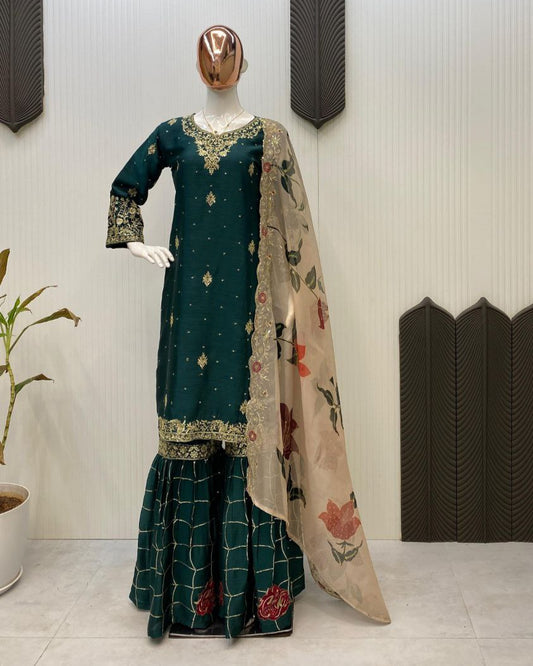 Designer Chinon Sharara Suit Set with Sequins Embroidery & Organza Dupatta  Fully Stitched