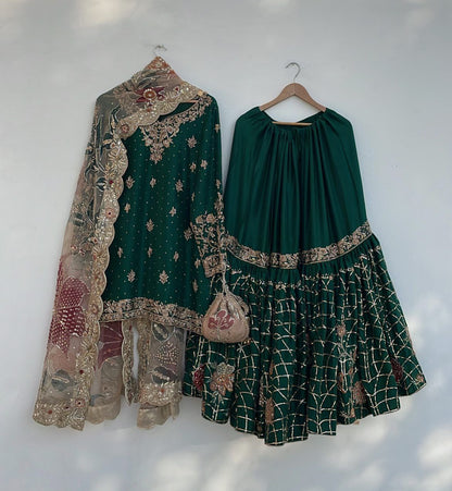 Designer Chinon Sharara Suit Set with Sequins Embroidery & Organza Dupatta  Fully Stitched