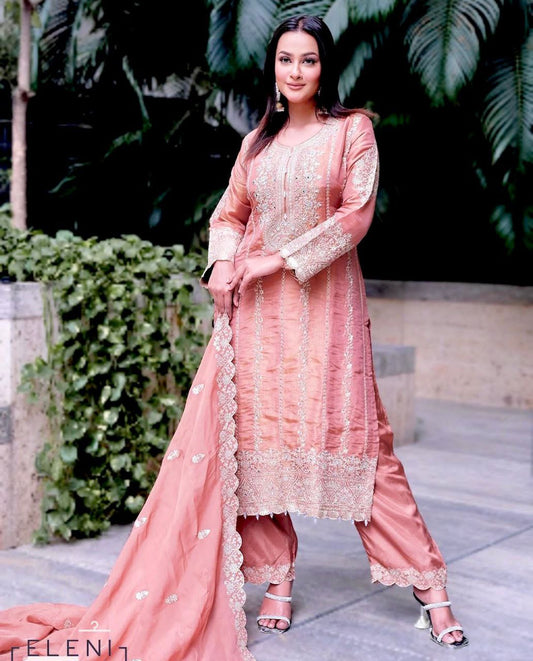 Designer Cinon Silk Top Pant Dupatta Set | Heavy Embroidery & Sequence Work