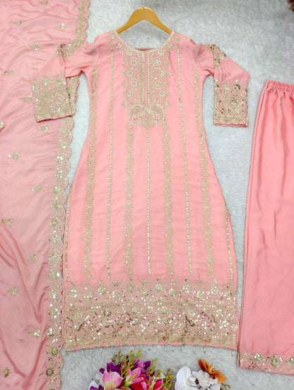 Designer Cinon Silk Top Pant Dupatta Set | Heavy Embroidery & Sequence Work