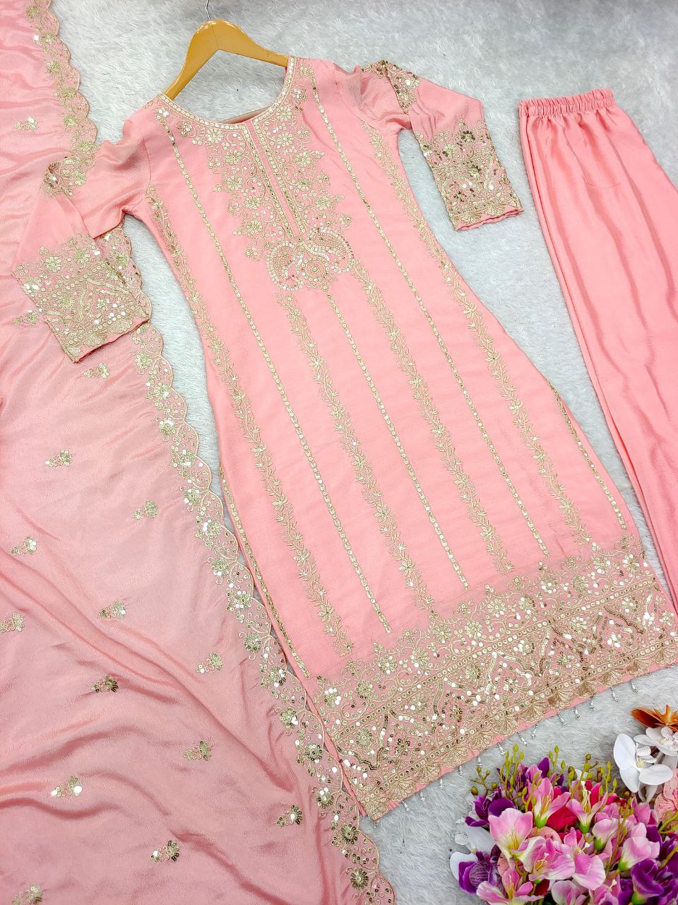 Designer Cinon Silk Top Pant Dupatta Set | Heavy Embroidery & Sequence Work