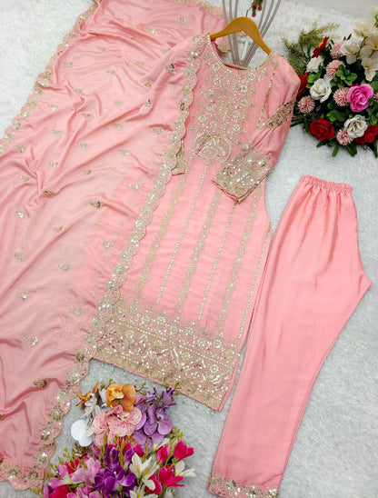 Designer Cinon Silk Top Pant Dupatta Set | Heavy Embroidery & Sequence Work