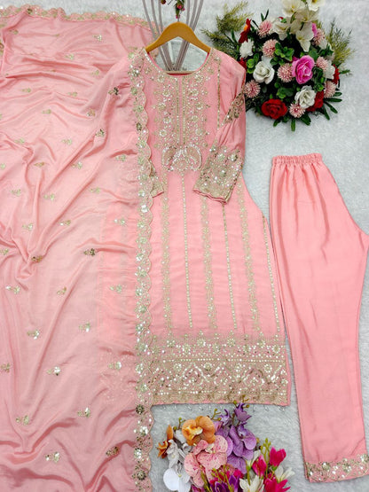 Designer Cinon Silk Top Pant Dupatta Set | Heavy Embroidery & Sequence Work