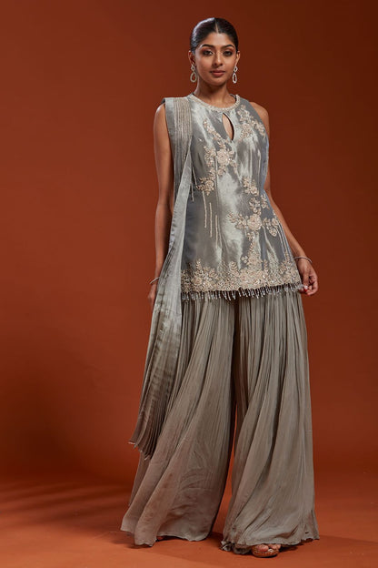 Party Wear & Festive Specials: 3-Piece Pure Natural Crepe Silk Top, Crushed Faux Georgette Plazzo