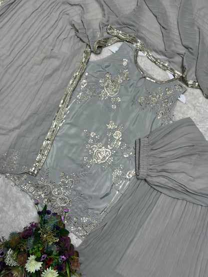 Party Wear & Festive Specials: 3-Piece Pure Natural Crepe Silk Top, Crushed Faux Georgette Plazzo