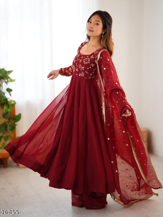Designer Crunchy Silk Embroidered Gown Set with Dupatta