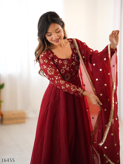 Designer Crunchy Silk Embroidered Gown Set with Dupatta