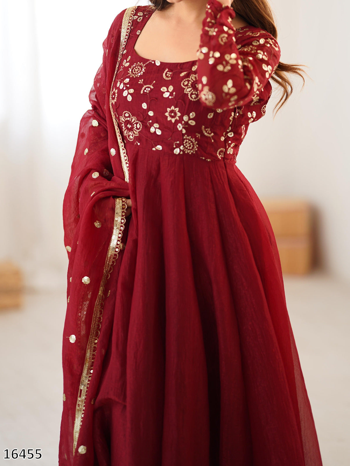 Designer Crunchy Silk Embroidered Gown Set with Dupatta
