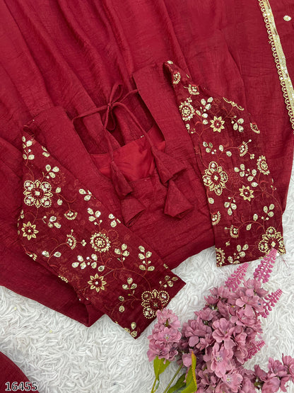 Designer Crunchy Silk Embroidered Gown Set with Dupatta