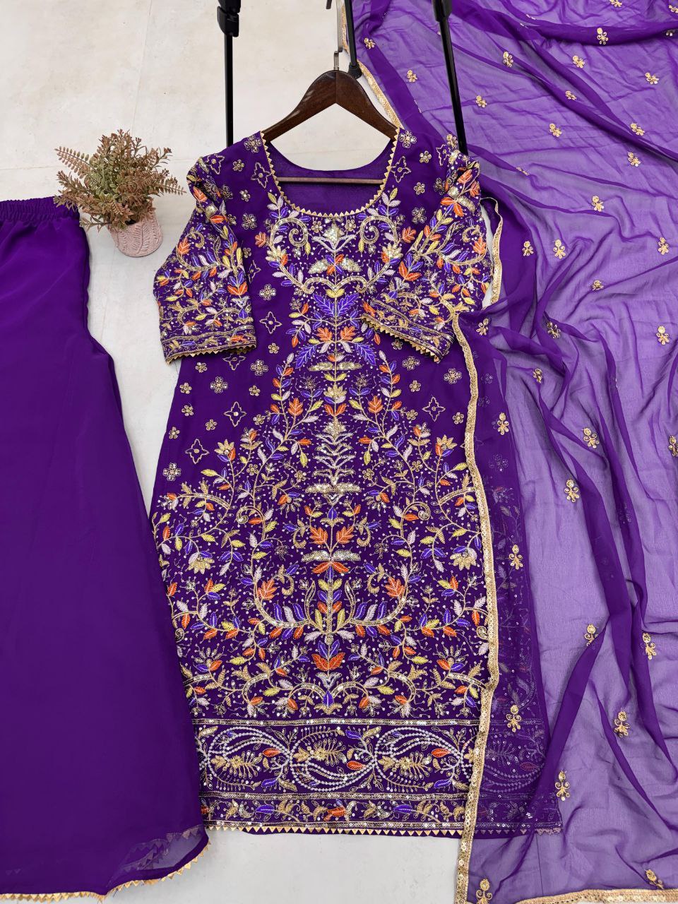 Designer Embroidered Top & Plazo Set with Dupatta – Faux Georgette, Elegant Sequins Work
