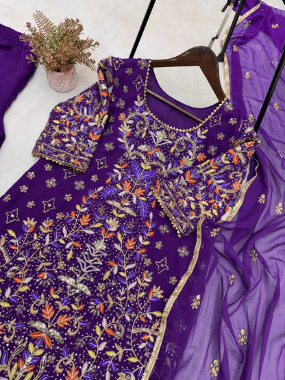 Designer Embroidered Top & Plazo Set with Dupatta – Faux Georgette, Elegant Sequins Work