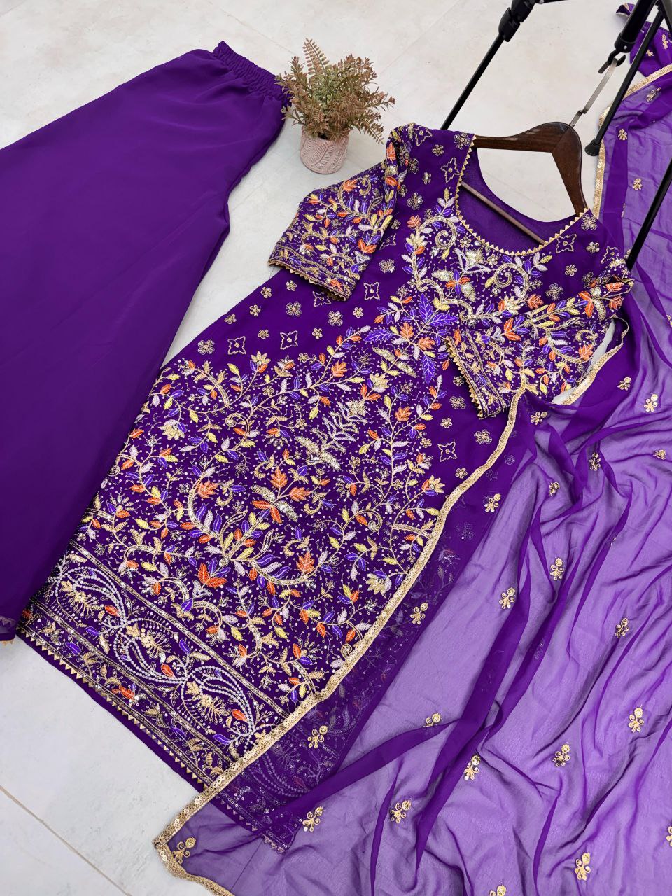 Designer Embroidered Top & Plazo Set with Dupatta – Faux Georgette, Elegant Sequins Work