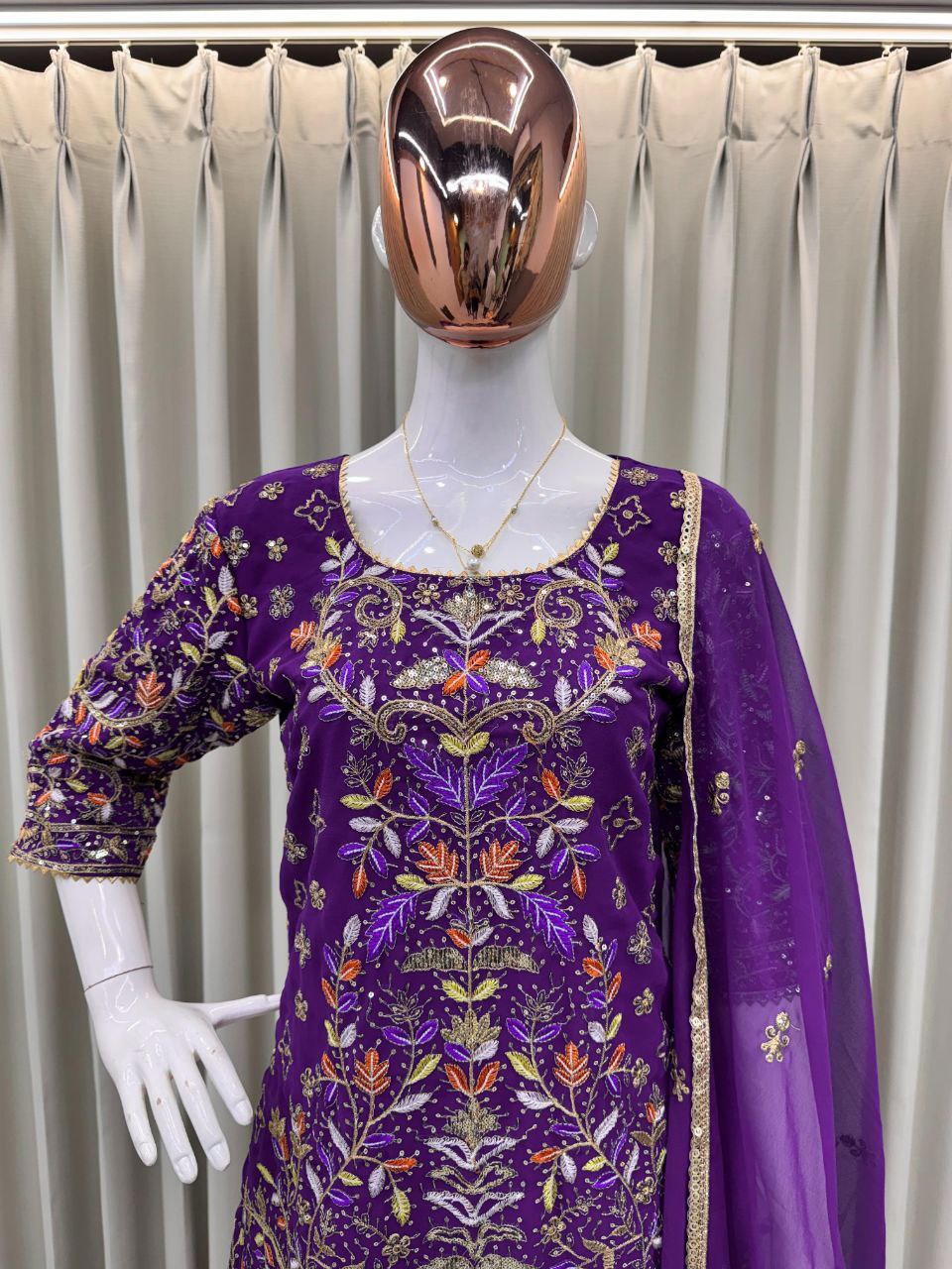 Designer Embroidered Top & Plazo Set with Dupatta – Faux Georgette, Elegant Sequins Work