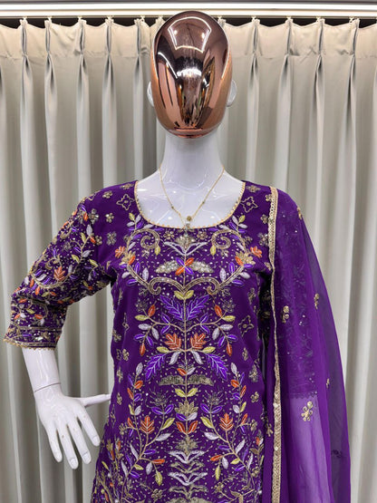 Designer Embroidered Top & Plazo Set with Dupatta – Faux Georgette, Elegant Sequins Work