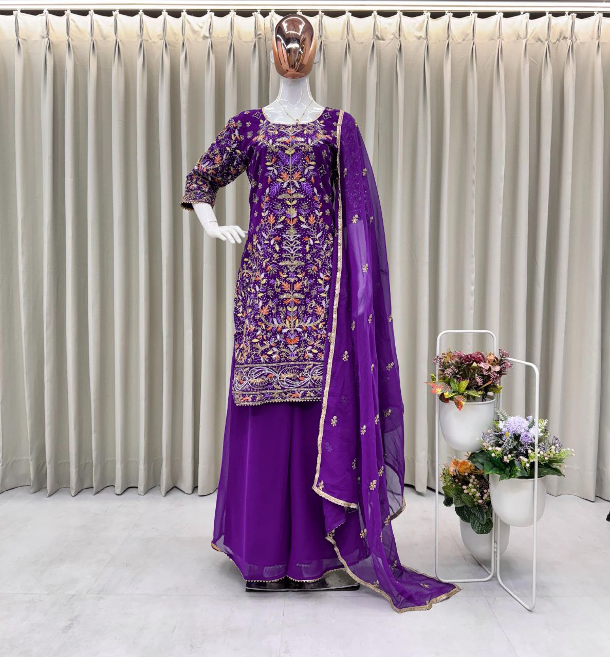Designer Embroidered Top & Plazo Set with Dupatta – Faux Georgette, Elegant Sequins Work