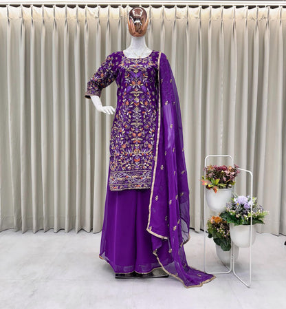 Designer Embroidered Top & Plazo Set with Dupatta – Faux Georgette, Elegant Sequins Work