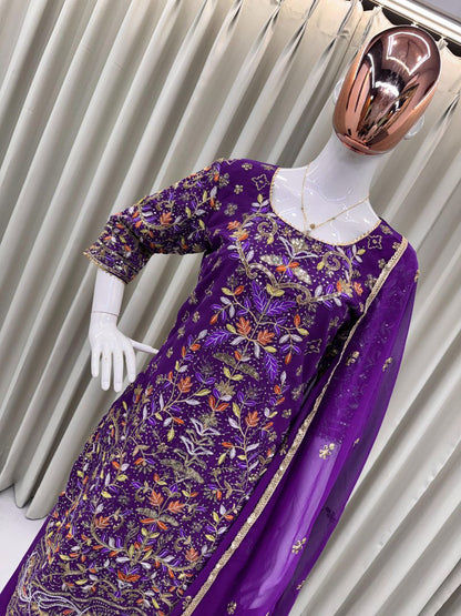 Designer Embroidered Top & Plazo Set with Dupatta – Faux Georgette, Elegant Sequins Work