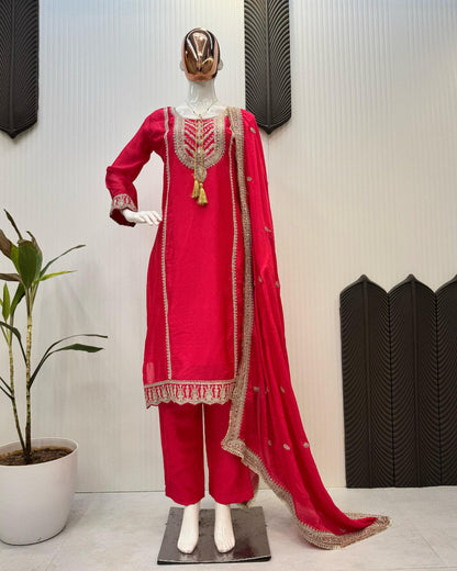 Designer Fancy Chinnon Red Suit For Karwa Chauth With Dupatta